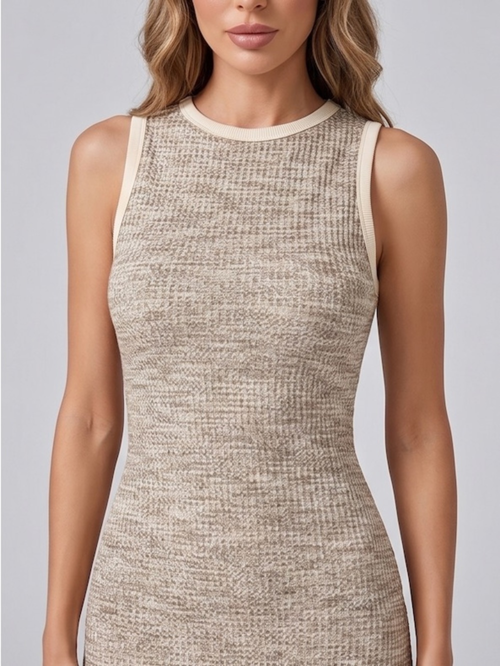 Ribbed Space-Dye Bodycon Dress with Contrast Trim Brown - Picture 2 of 8